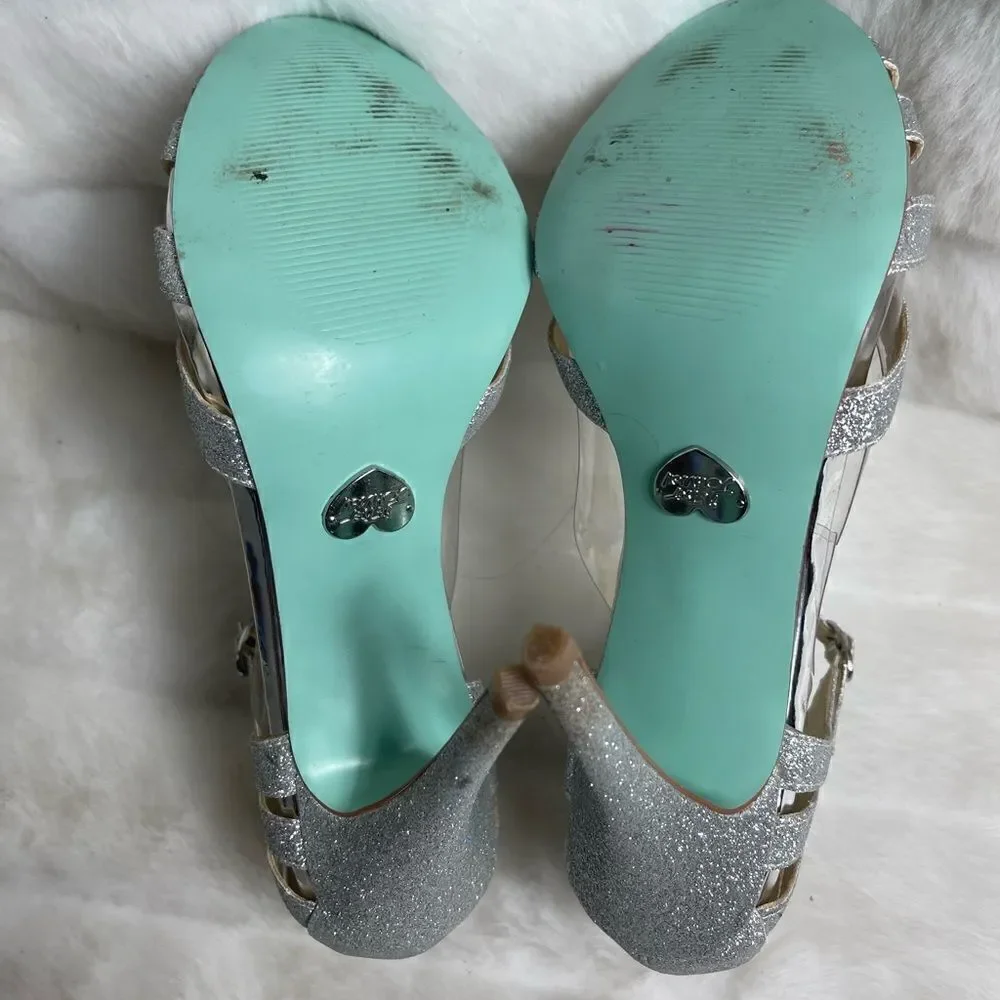Betsey Johnson Blue silver glitter T strap sandals open toe ankle strap …